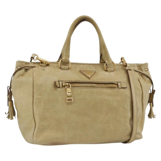 Prada PRADA Hand Bag Leather 2way Beige Gold Authentic 174345
