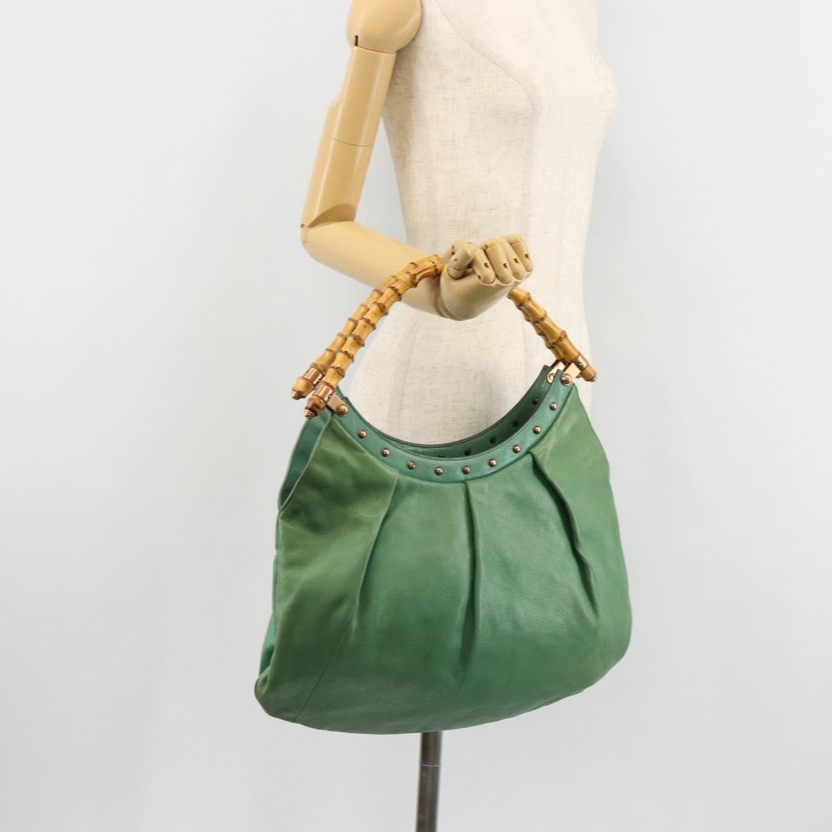 Gucci GUCCI Bamboo Shoulder Bag Leather Green Gold 124293 Authentic 180305A