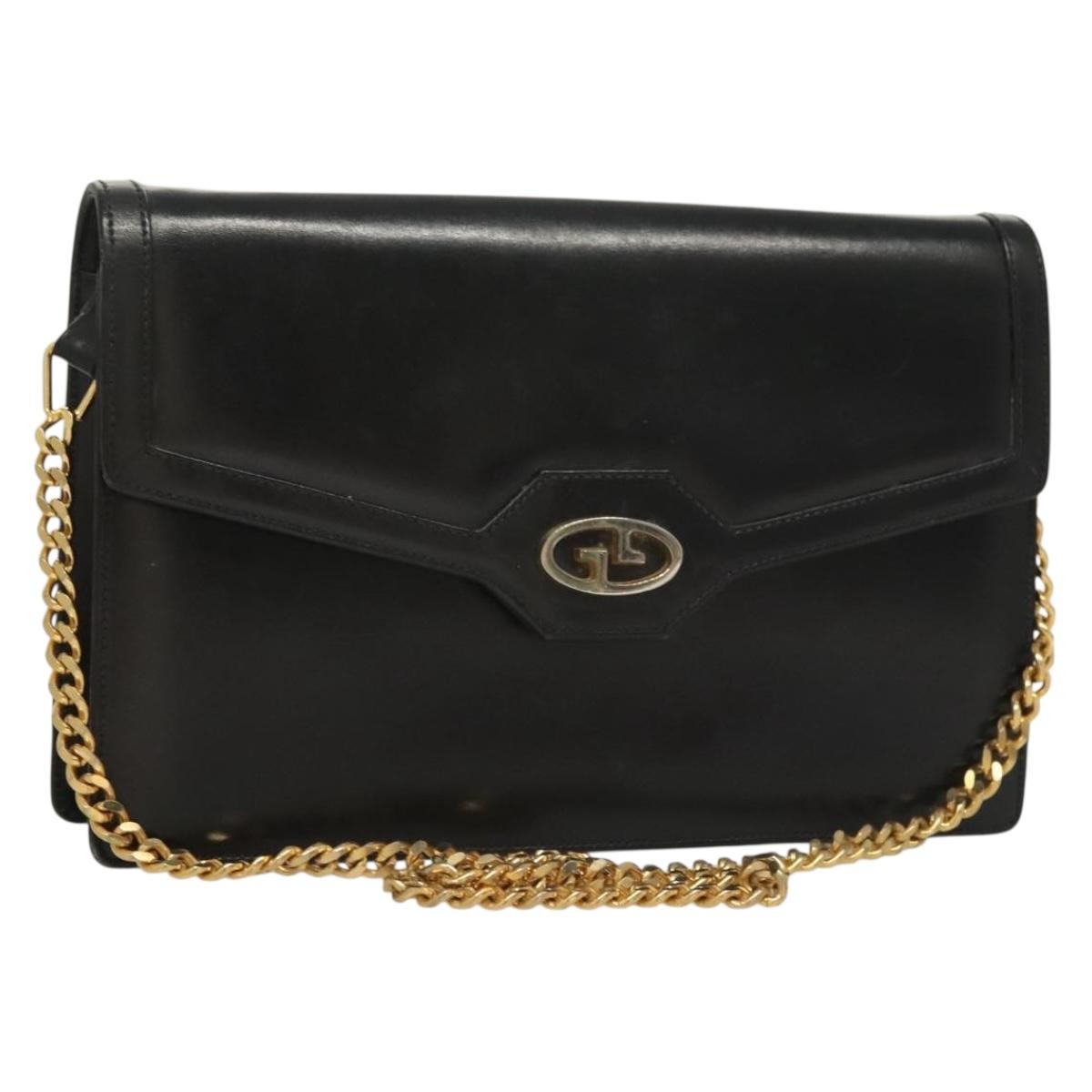 Gucci GUCCI Chain Shoulder Bag Leather Black Gold Authentic ep9431