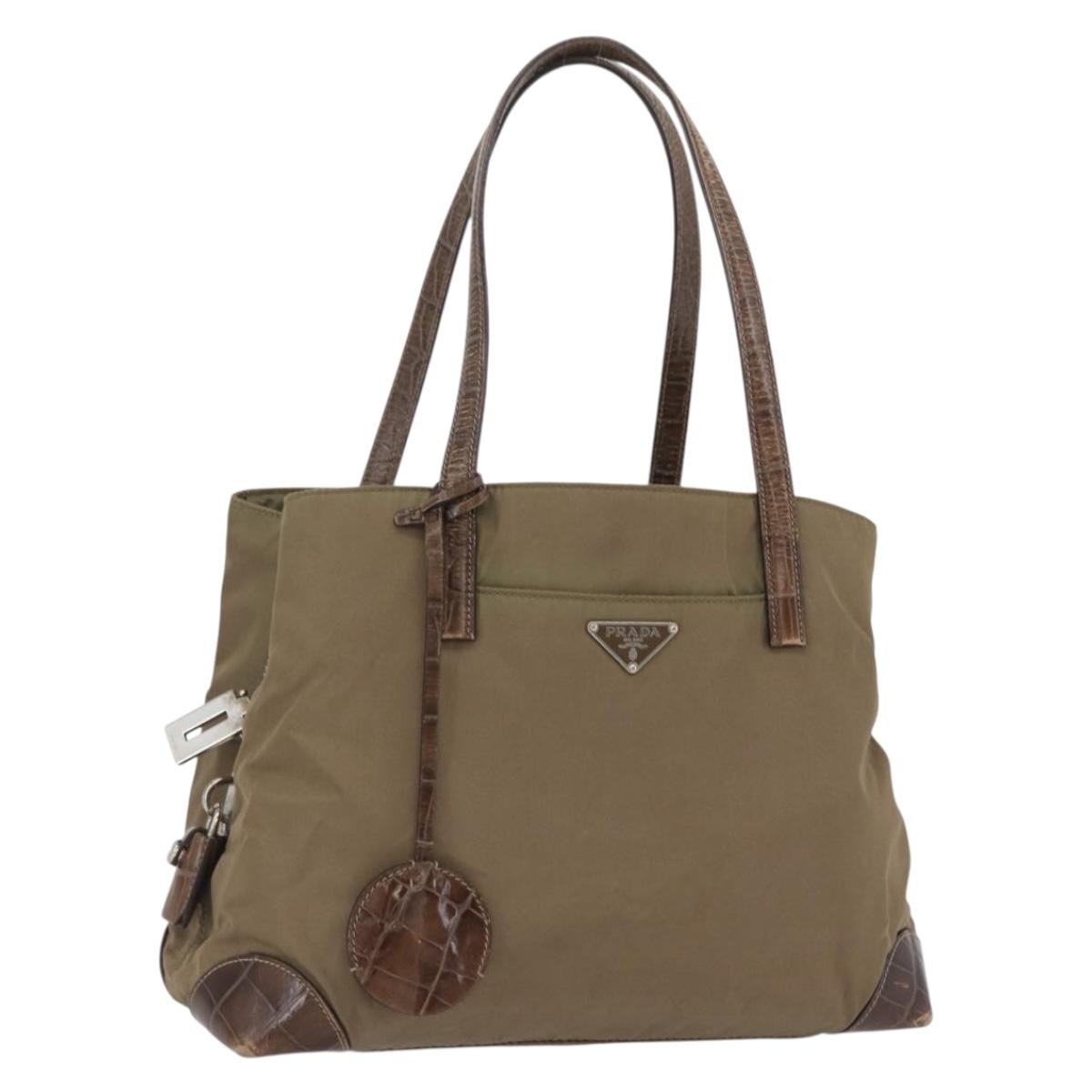 Prada PRADA Hand Bag Nylon Khaki Silver Authentic 173838