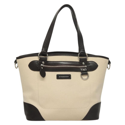 Burberry BURBERRY Tote Bag Canvas Leather White Silver Authentic bs28323