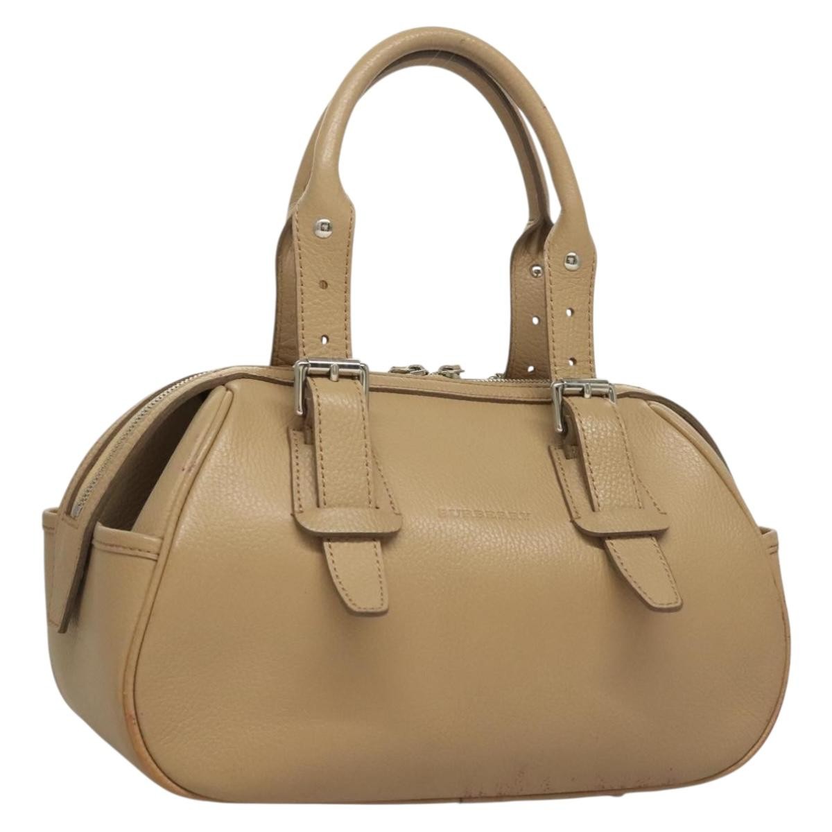Burberry BURBERRY Hand Bag Leather Beige Silver Authentic ep9861