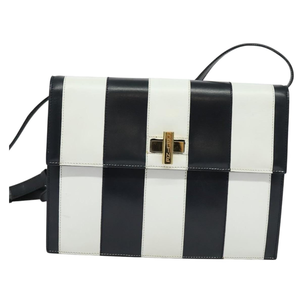 Celine CELINE Shoulder Bag Leather White Navy gold Authentic 127598