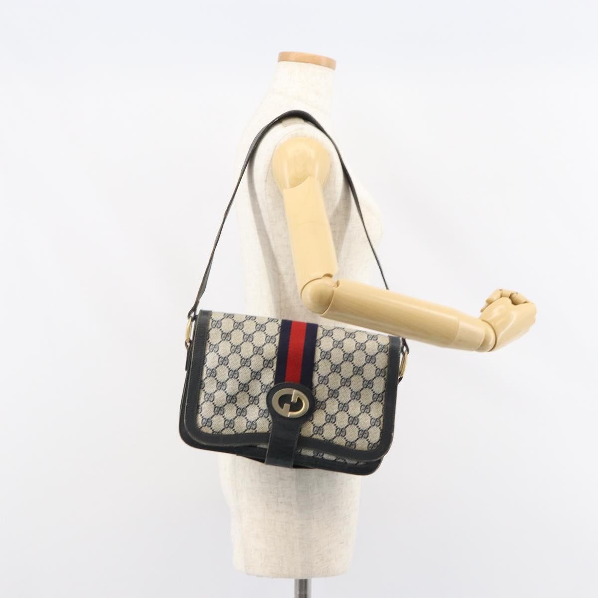Gucci GUCCI GG Supreme Sherry Line Shoulder Bag PVC Navy Gold Authentic 160298