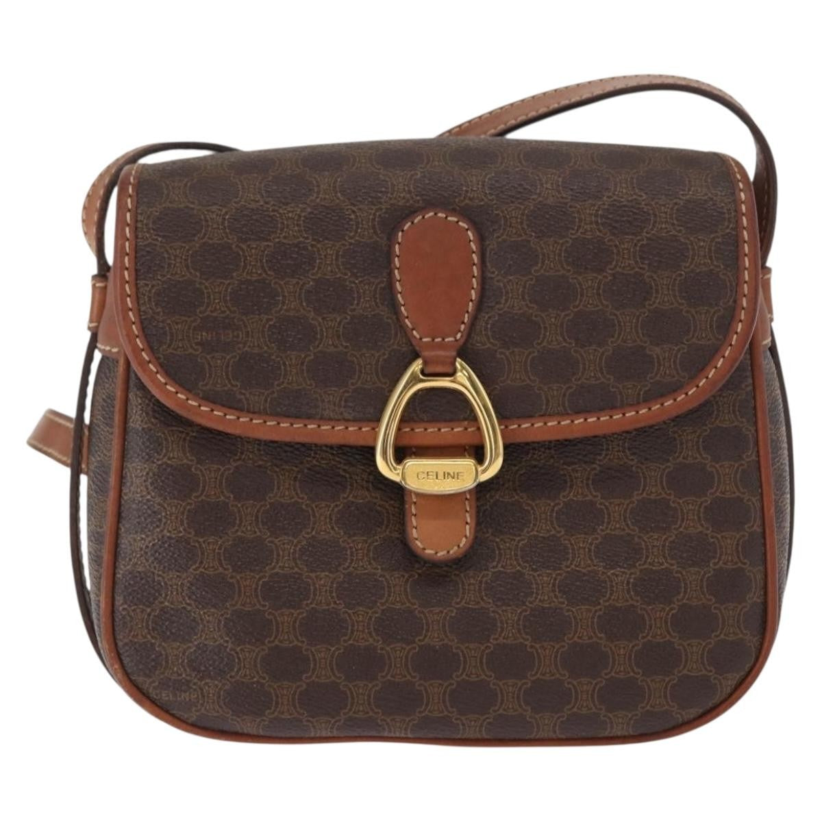 Celine CELINE Macadam Canvas Shoulder Bag PVC Leather Brown Gold Authentic BA9074