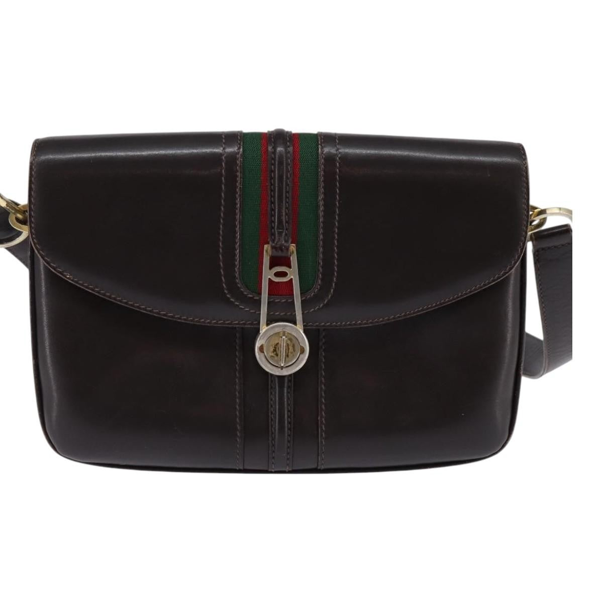 Gucci GUCCI Web Sherry Line Shoulder Bag Leather Dark Brown Gold Red Authentic ep11429