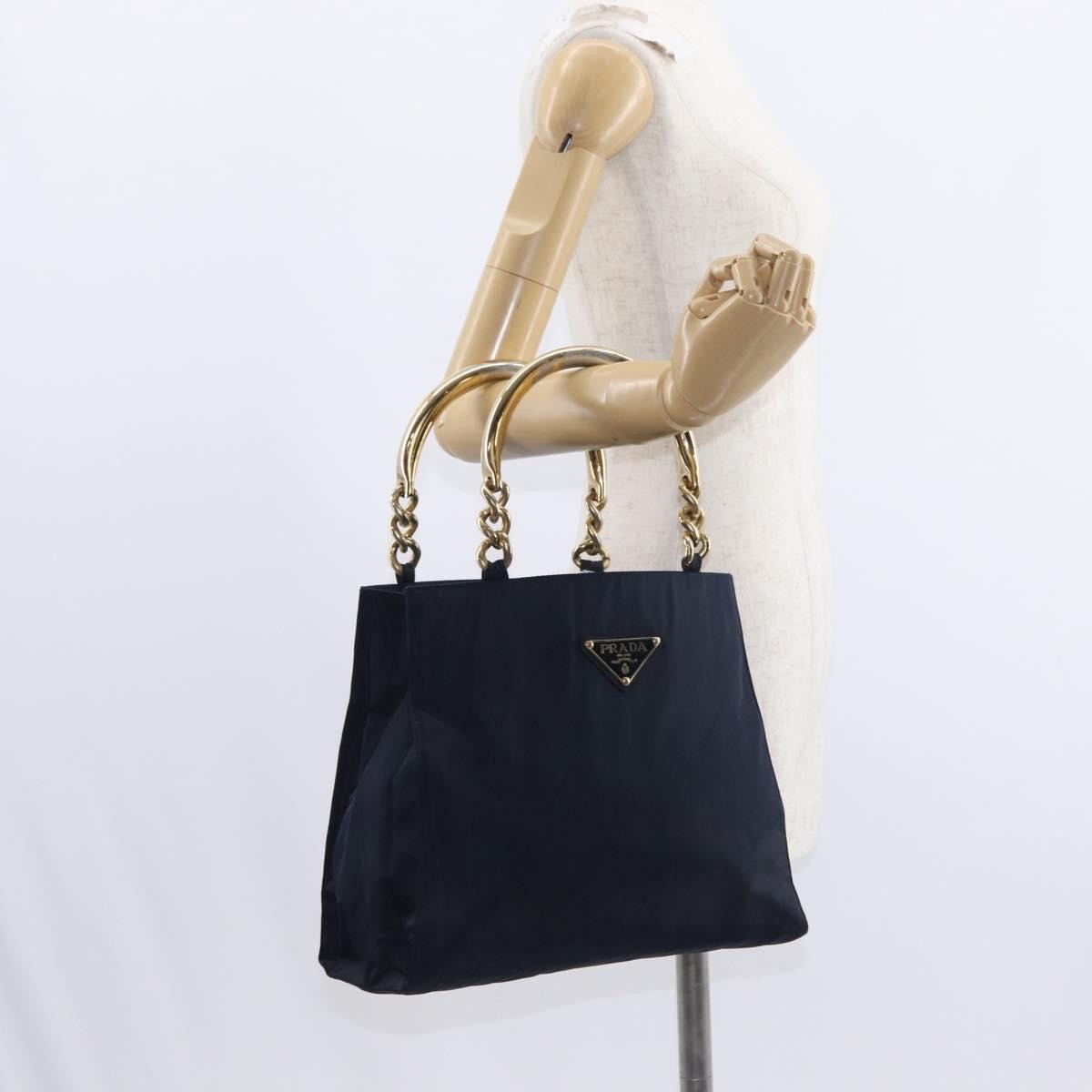 Prada PRADA Hand Bag Nylon Navy Gold Authentic 156119