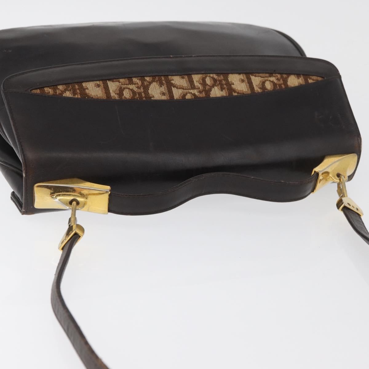 Dior Christian Dior Hand Bag Calf Skin 2way Dark Brown Gold Authentic 180355