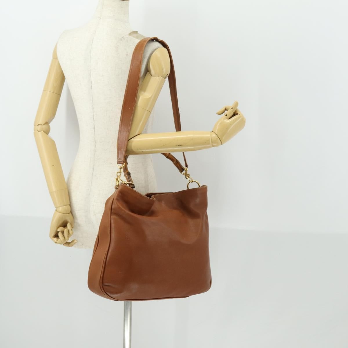 Gucci GUCCI Bamboo Hand Bag Leather 2way Brown Gold 001 1577 2615 Authentic 166632