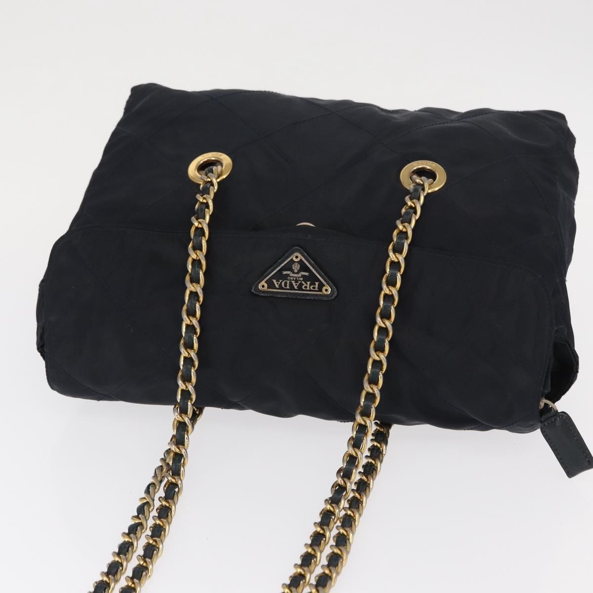 Prada PRADA Chain Shoulder Bag Nylon Navy Gold Authentic ka893