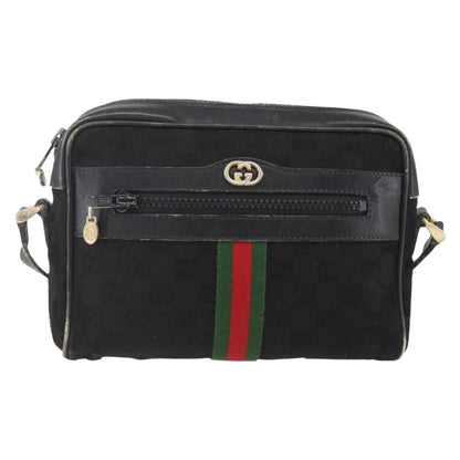 Gucci GUCCI GG Canvas Web Sherry Line Shoulder Bag Black Gold Authentic 158418