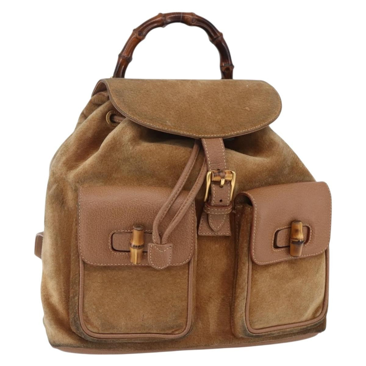 Gucci GUCCI Bamboo Backpack Suede Brown Gold 003 2058 0016 Authentic 148819 Bag