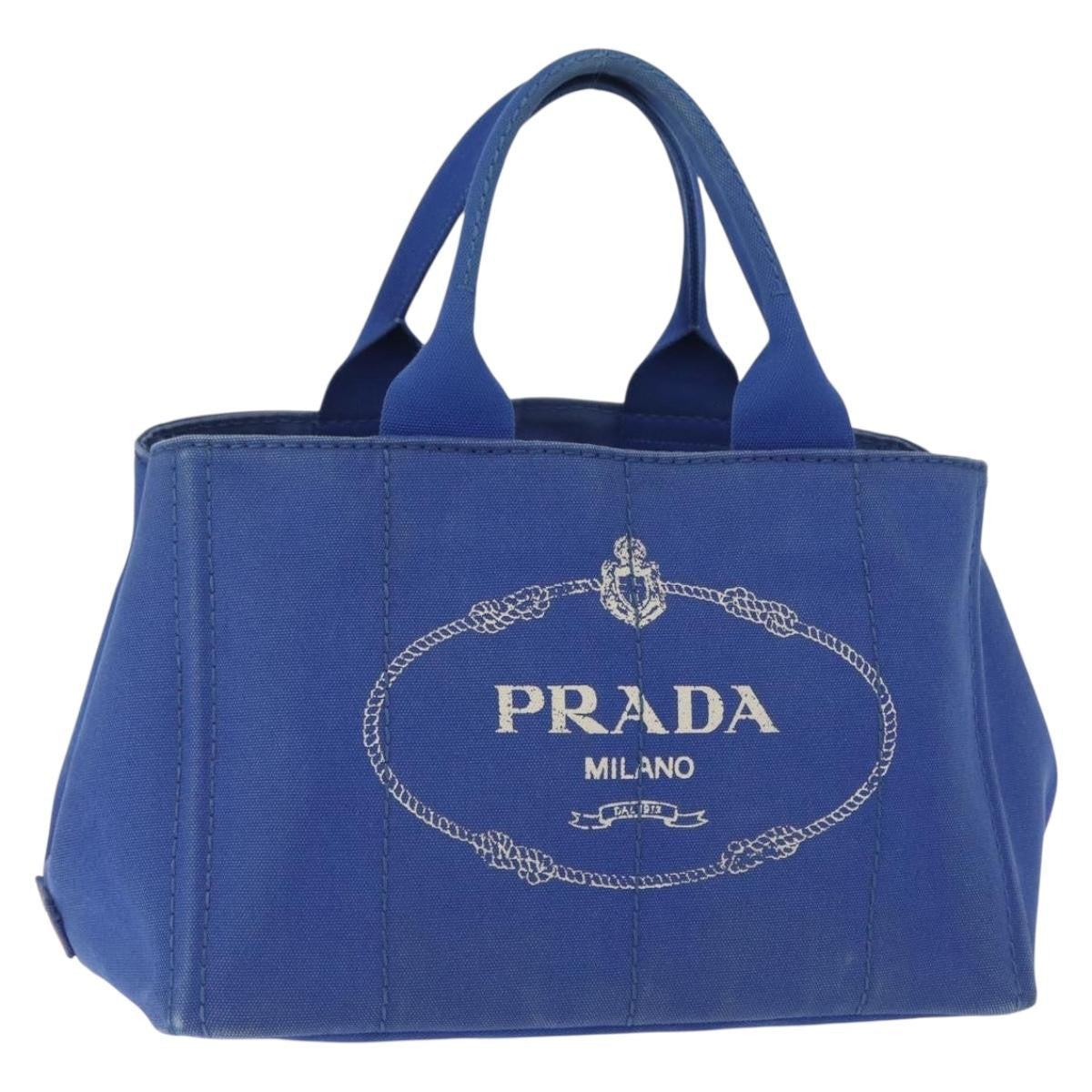Prada PRADA Canapa MM Hand Bag Canvas Blue Gold Authentic 162140