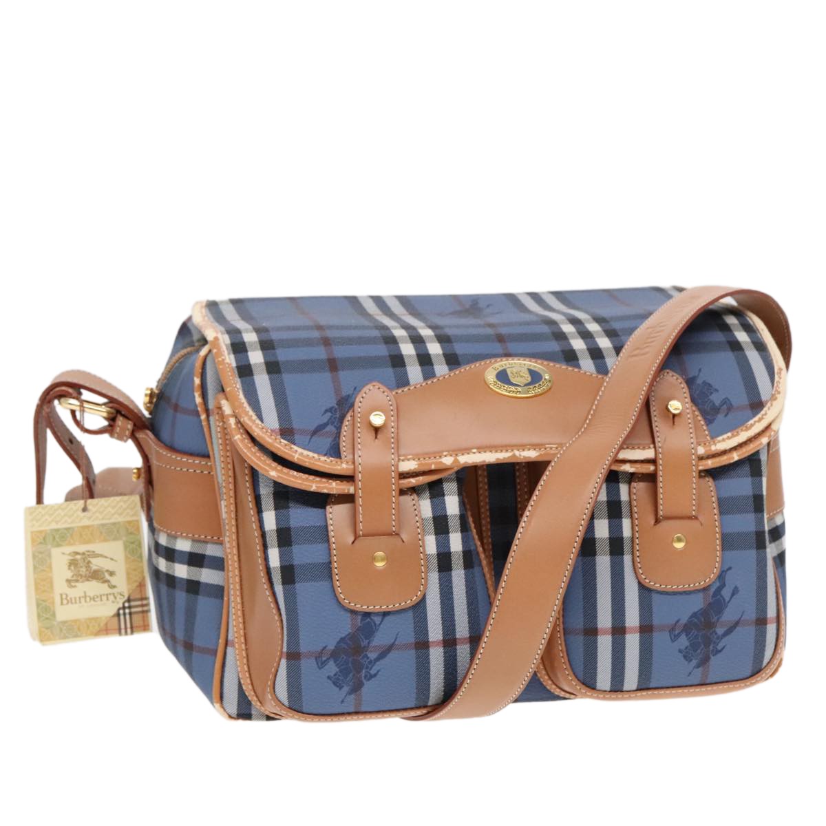 Burberrys Burberrys Nova Check Shoulder Bag PVC Leather Blue Gold Authentic 92155
