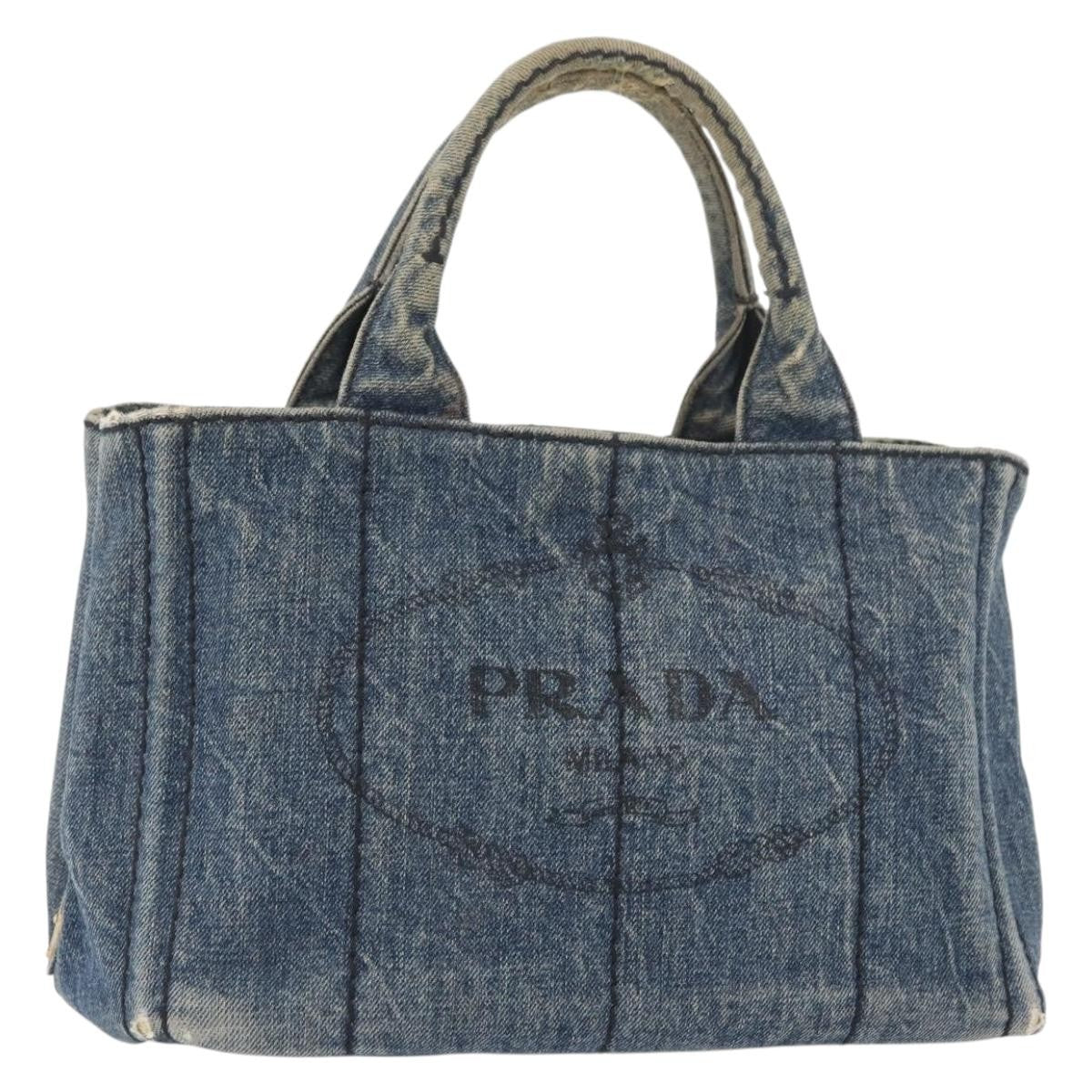 Prada PRADA Canapa PM Hand Bag Denim Blue Gold Authentic bs34435