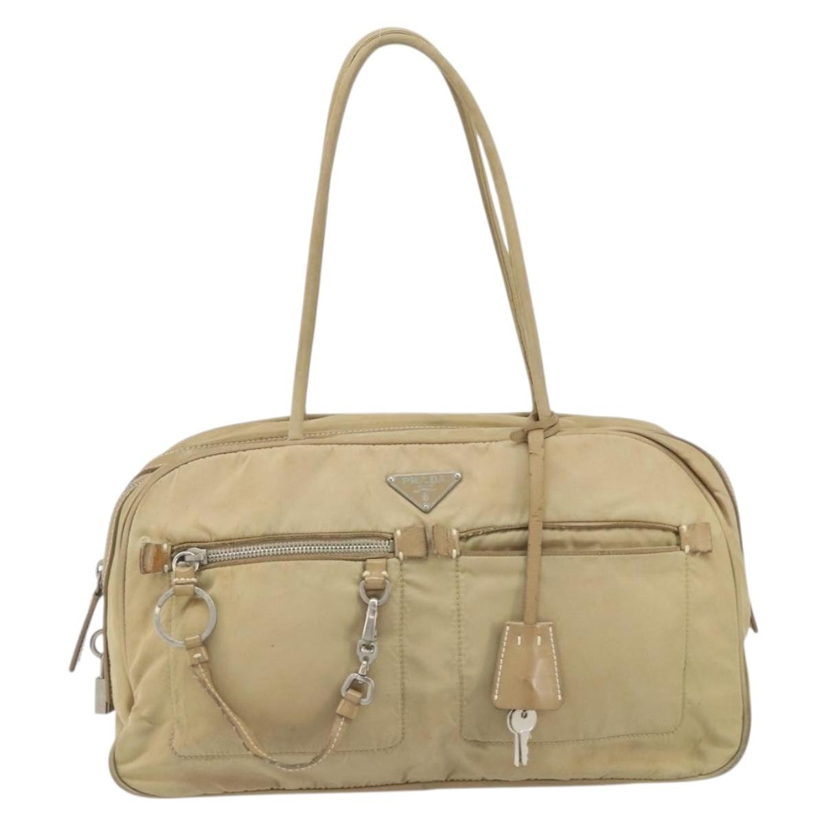 Prada PRADA Hand Bag Nylon Beige Silver Authentic 166752