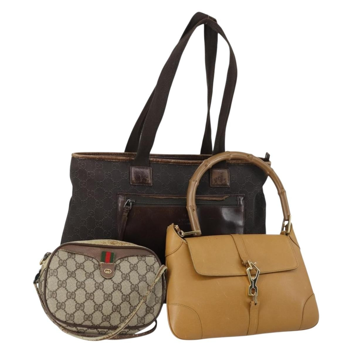 Gucci GUCCI GG Canvas Shoulder Bag Leather 3 Set Beige Dark Brown Authentic 152612