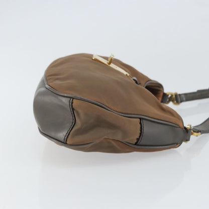Prada PRADA Hand Bag Nylon Leather Gold Brown Authentic mr1761