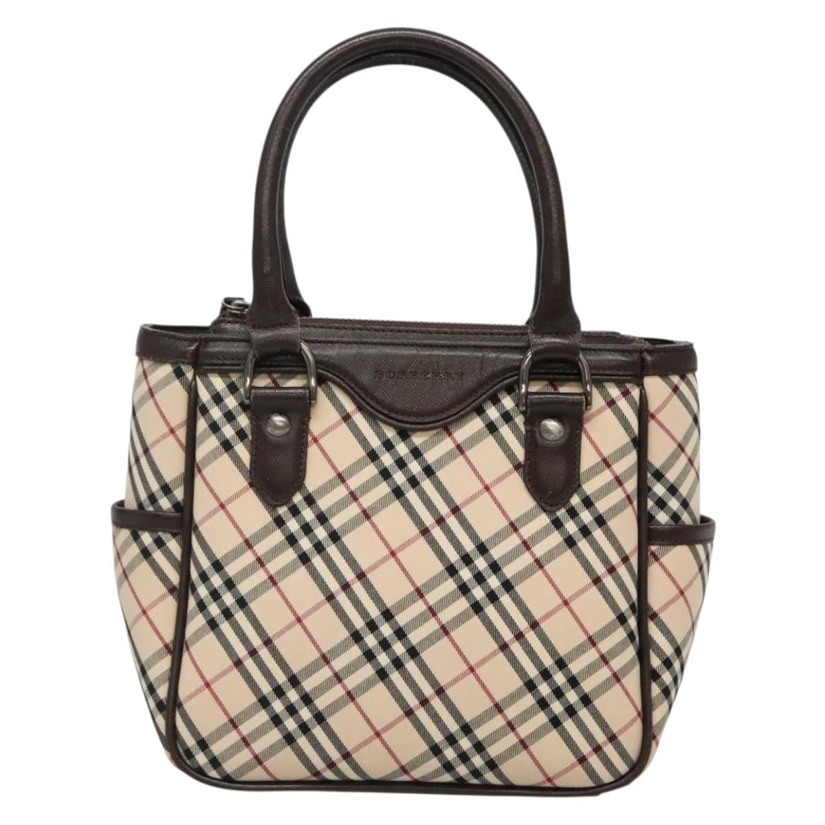 Burberry BURBERRY Nova Check Hand Bag Canvas Beige Silver Authentic ep9645
