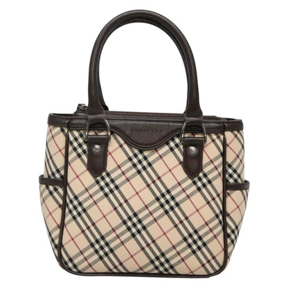 Burberry BURBERRY Nova Check Hand Bag Canvas Beige Silver Authentic ep9645