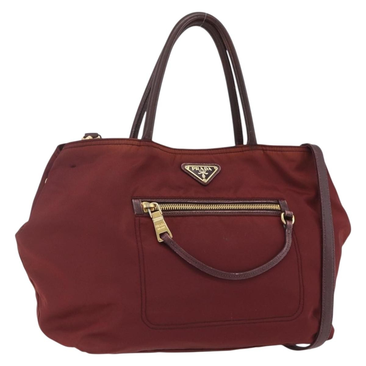 Prada PRADA Hand Bag Nylon 2way Bordeaux Gold Authentic 163074