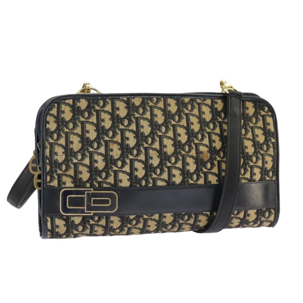 Dior Christian Dior Trotter Canvas Shoulder Bag Navy Gold Authentic 98475