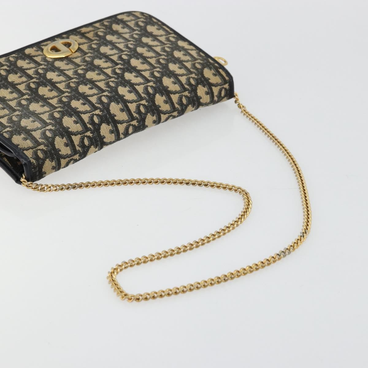 Dior Christian Dior Trotter Canvas Chain Shoulder Bag Navy Gold Authentic fm5340