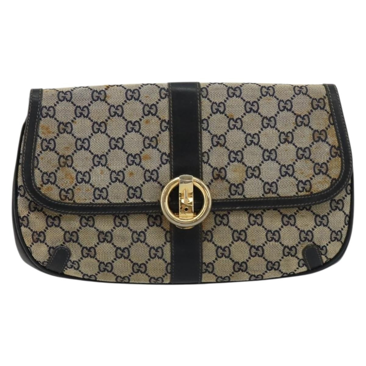 Gucci GUCCI GG Canvas Shoulder Bag Beige Navy Gold Authentic 92734