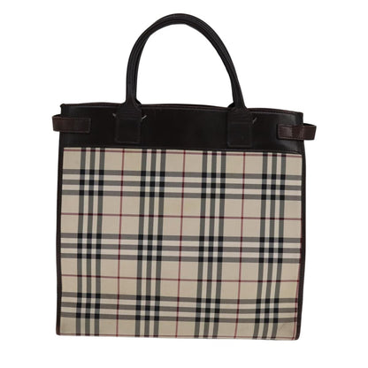 Burberry BURBERRY Nova Check Hand Bag Canvas Leather Beige Brown Silver Authentic 112330