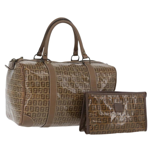 Fendi FENDI Zucchino Canvas Hand Bag PVC 2 Set Brown Authentic ti3754