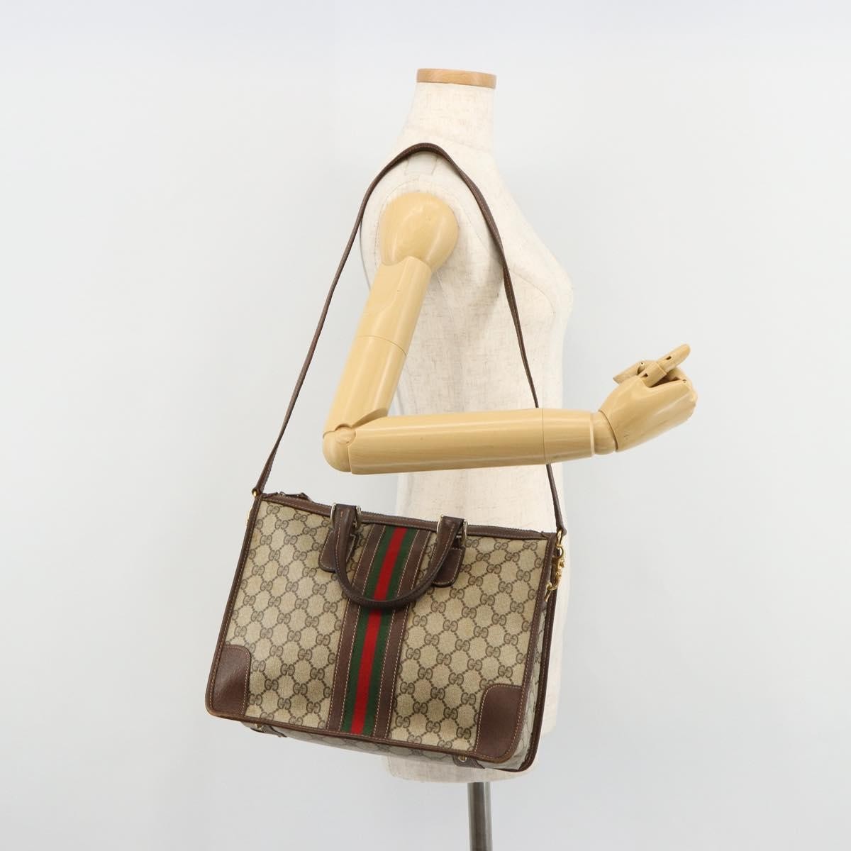 Gucci GUCCI GG Supreme Web Sherry Line Hand Bag PVC 2way Beige Gold Authentic ti3926