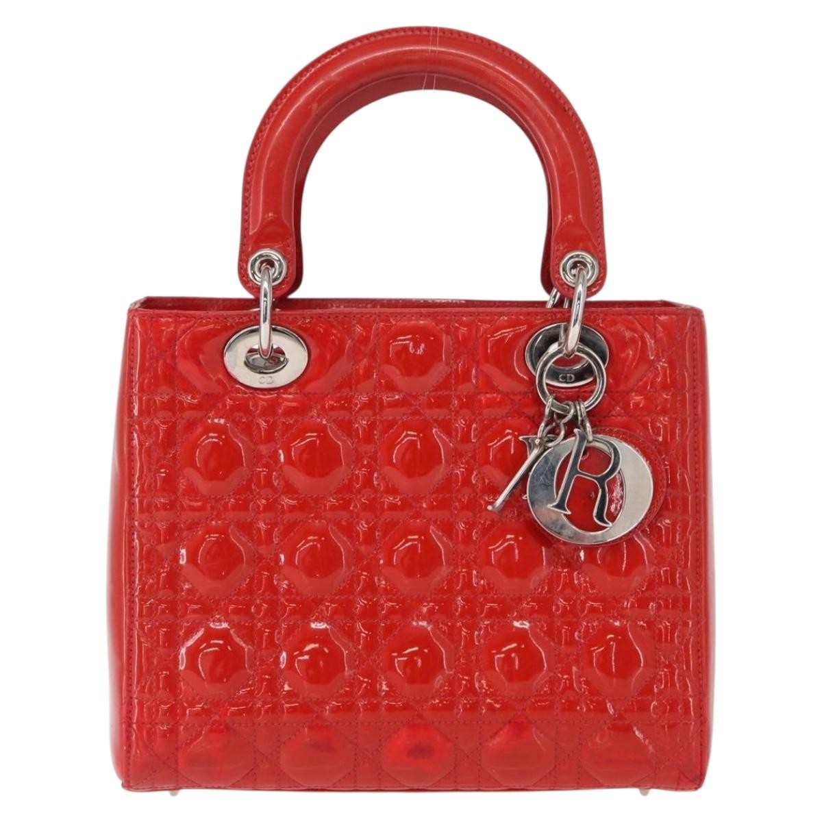 Dior Christian Dior Canage Hand Bag Patent leather Red Silver Authentic 162851