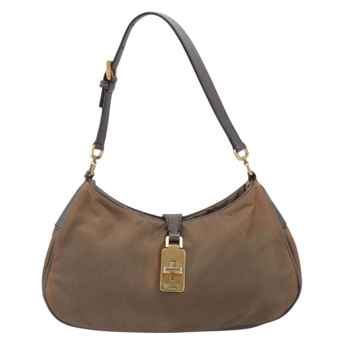Prada PRADA Hand Bag Nylon Leather Gold Brown Authentic mr1761
