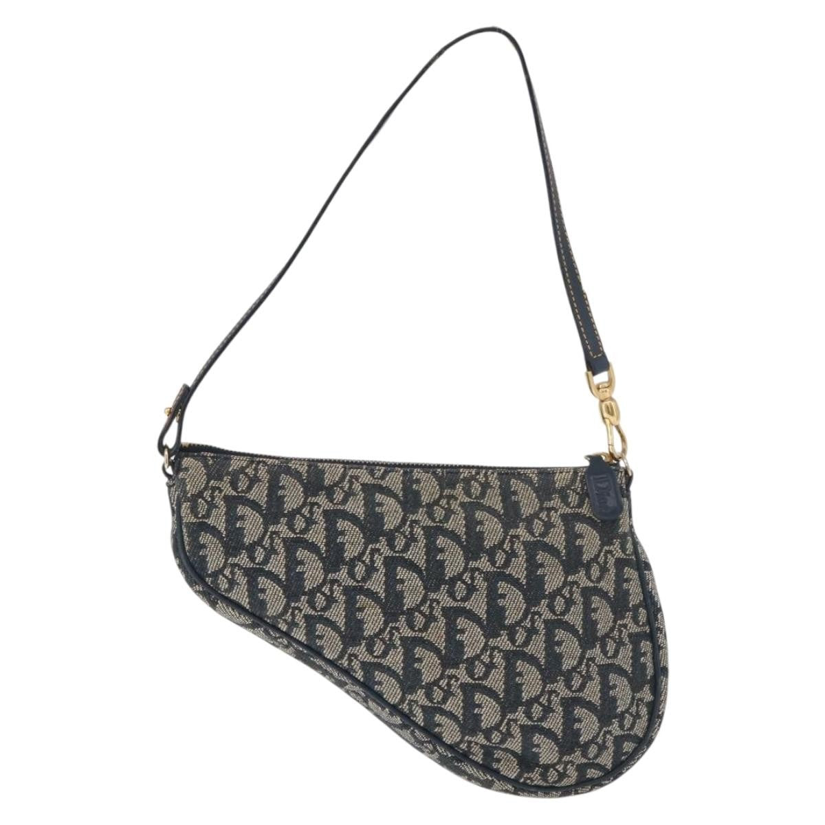 Dior Christian Dior Trotter Canvas Saddle Pouch Hand Bag Navy Gold Authentic bs35277