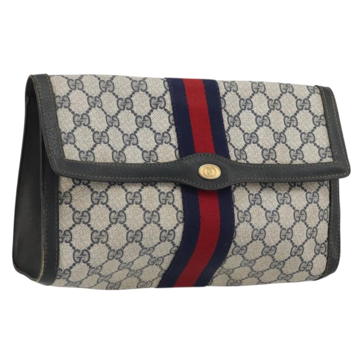Gucci GUCCI GG Supreme Sherry Line Clutch Bag PVC Navy Gold 41 014 3087 Authentic YKZ1523
