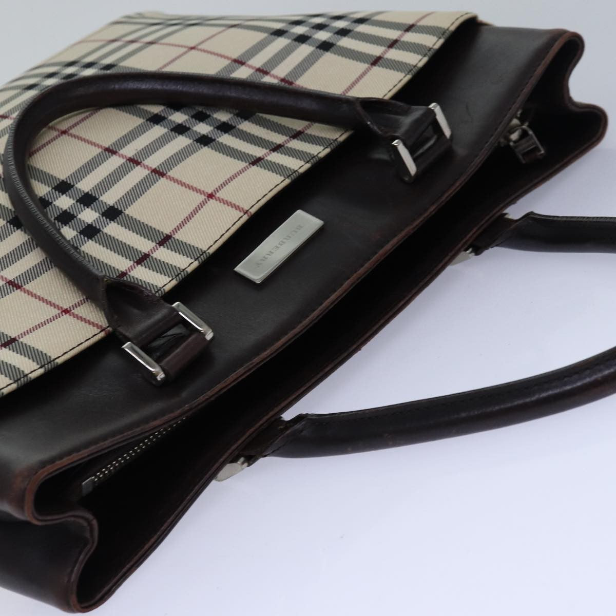 Burberry BURBERRY Nova Check Hand Bag Nylon Beige Silver Authentic 85862