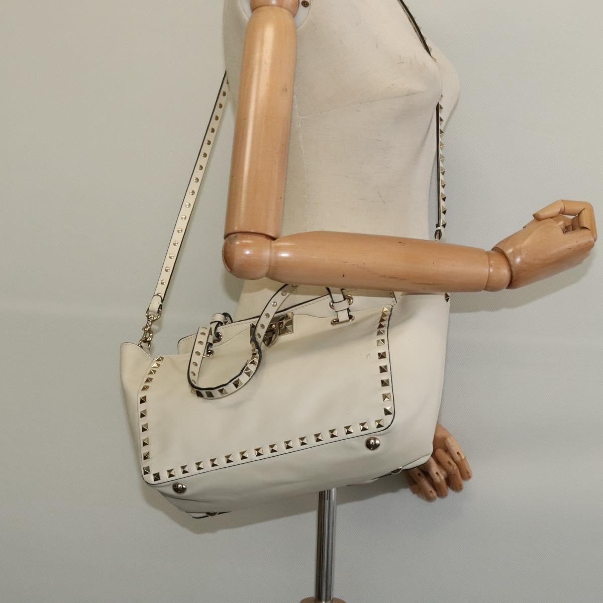 Valentino VALENTINO Studs Tote Bag Leather White Gold Authentic BA3903