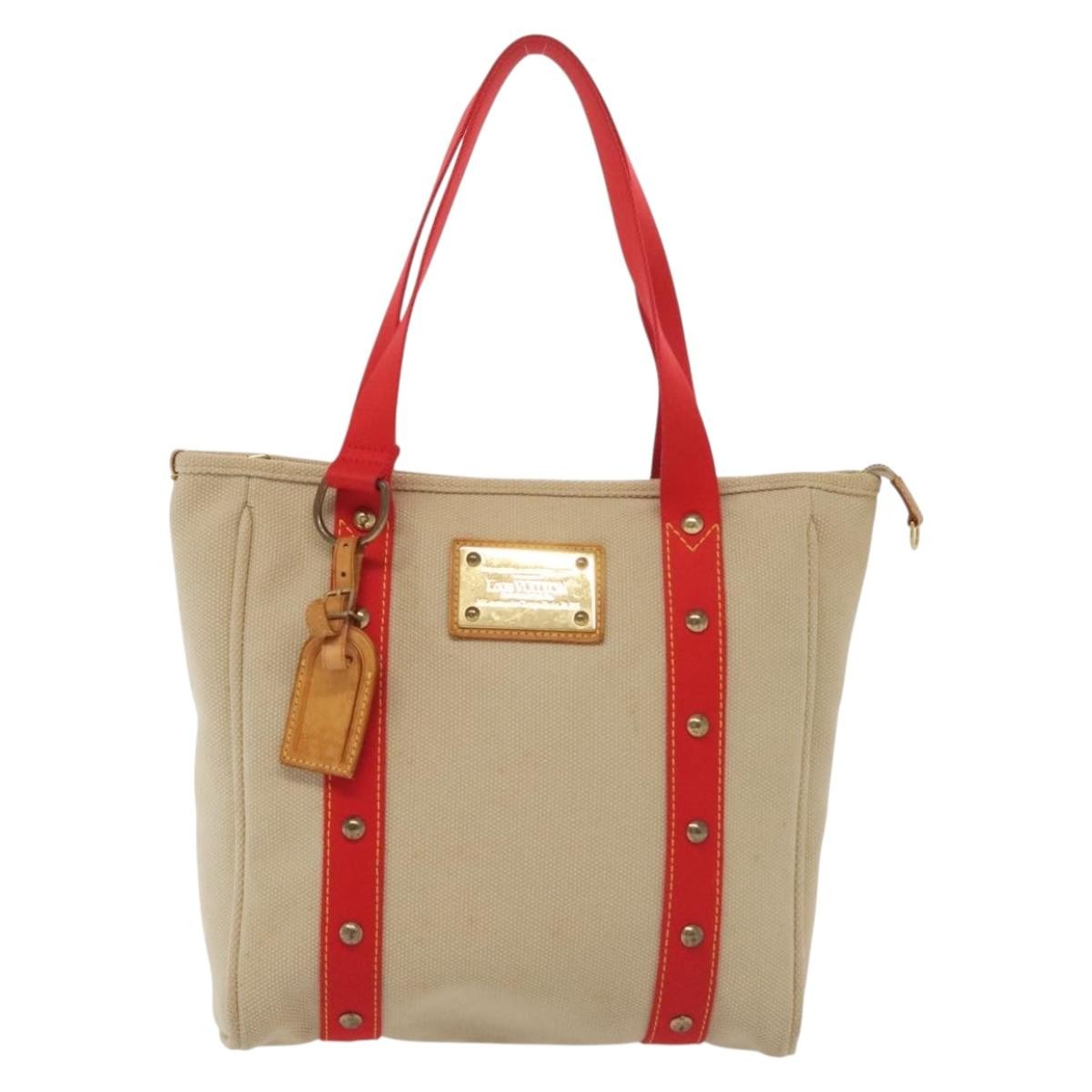 Louis Vuitton LOUIS VUITTON Antigua Cabas MM Tote Bag Beige Red M40035 LV Authentic 137278
