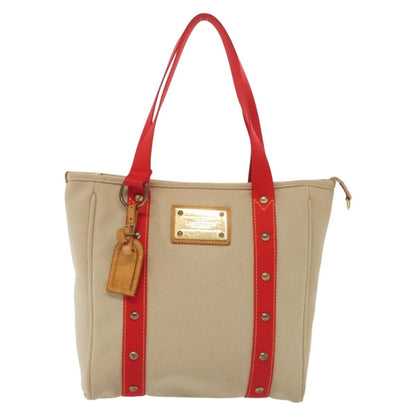 Louis Vuitton LOUIS VUITTON Antigua Cabas MM Tote Bag Beige Red M40035 LV Authentic 137278