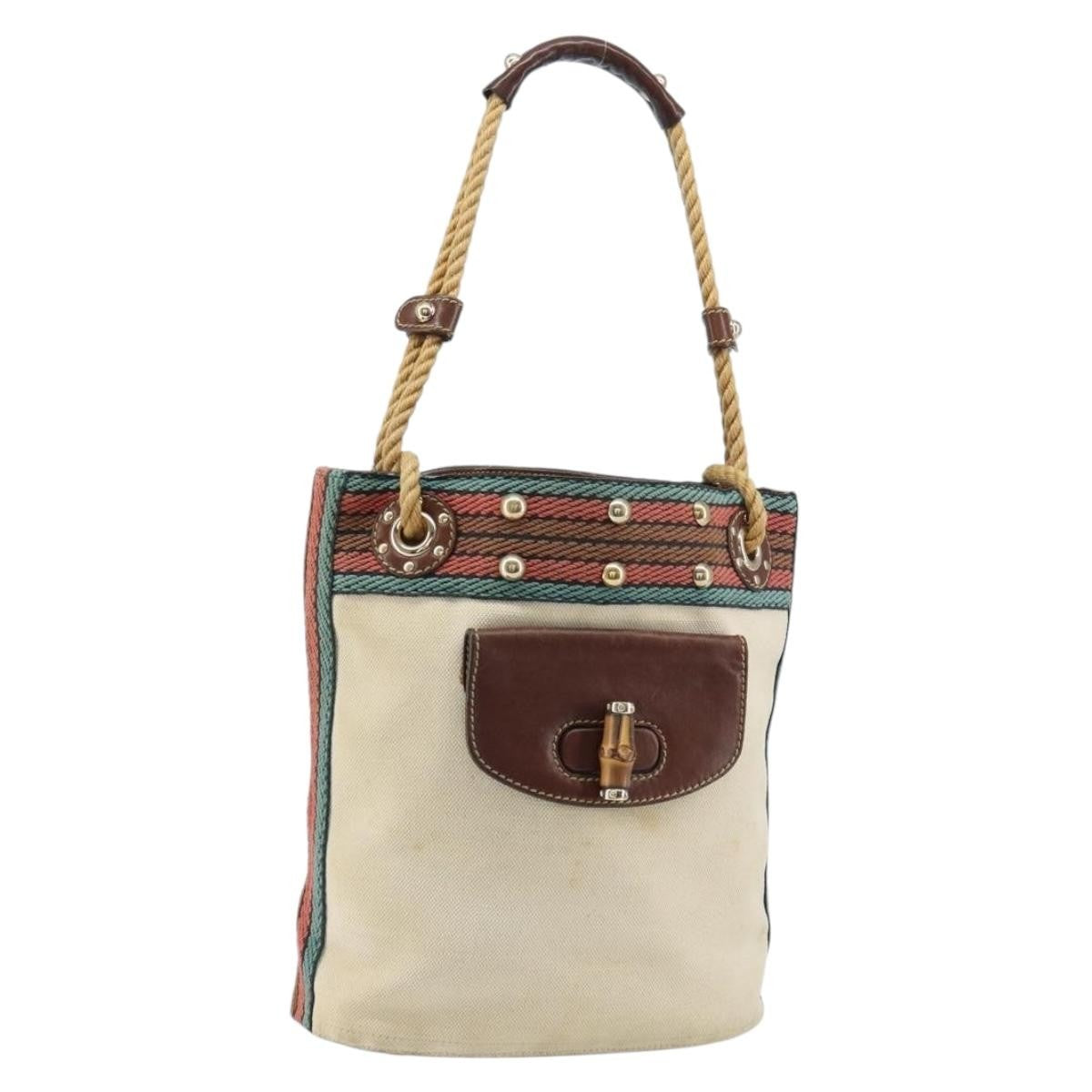 Gucci GUCCI Bamboo Shoulder Bag Canvas Beige Gold 141936 Authentic 156435