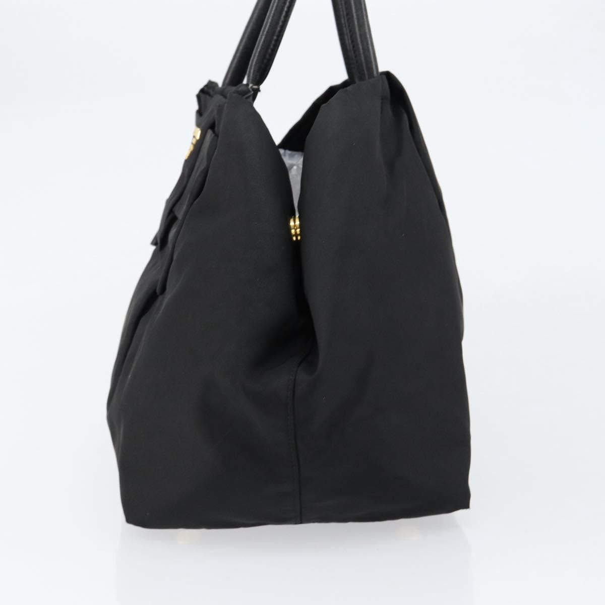 Prada PRADA ribbon Hand Bag Nylon Leather Black Gold Authentic 153236