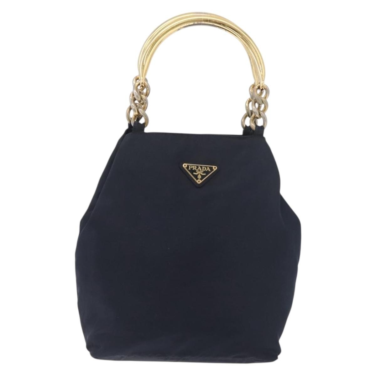 Prada PRADA Metal Handle Hand Bag Nylon Navy Gold Authentic 178739