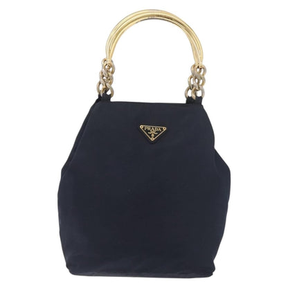 Prada PRADA Metal Handle Hand Bag Nylon Navy Gold Authentic 178739