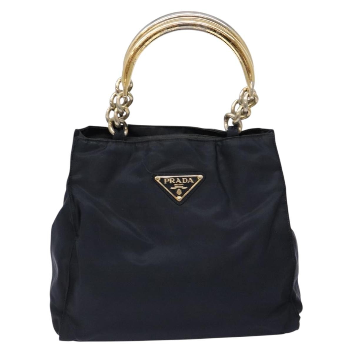 Prada PRADA Hand Bag Nylon Navy Gold Authentic 141629