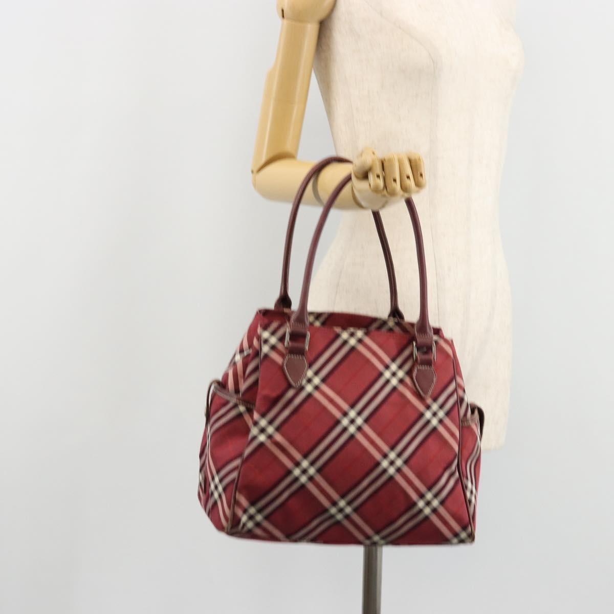 Burberry BURBERRY Nova Check Blue Label Hand Bag Nylon Red Silver Authentic bs34679
