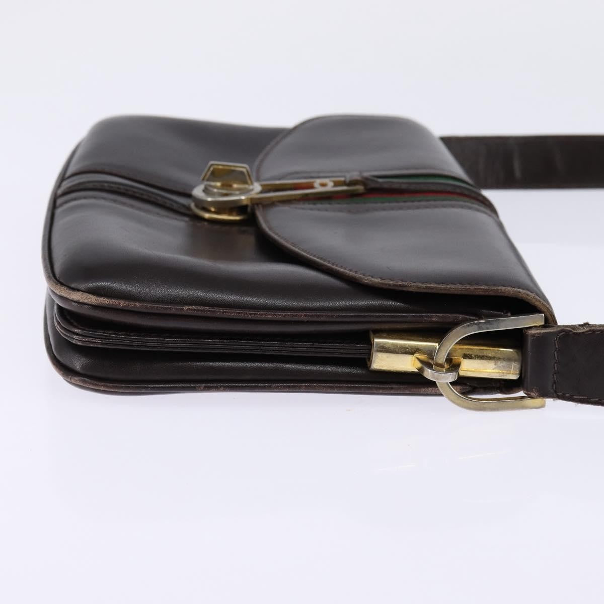 Gucci GUCCI Web Sherry Line Shoulder Bag Leather Dark Brown Gold Red Authentic ep11429