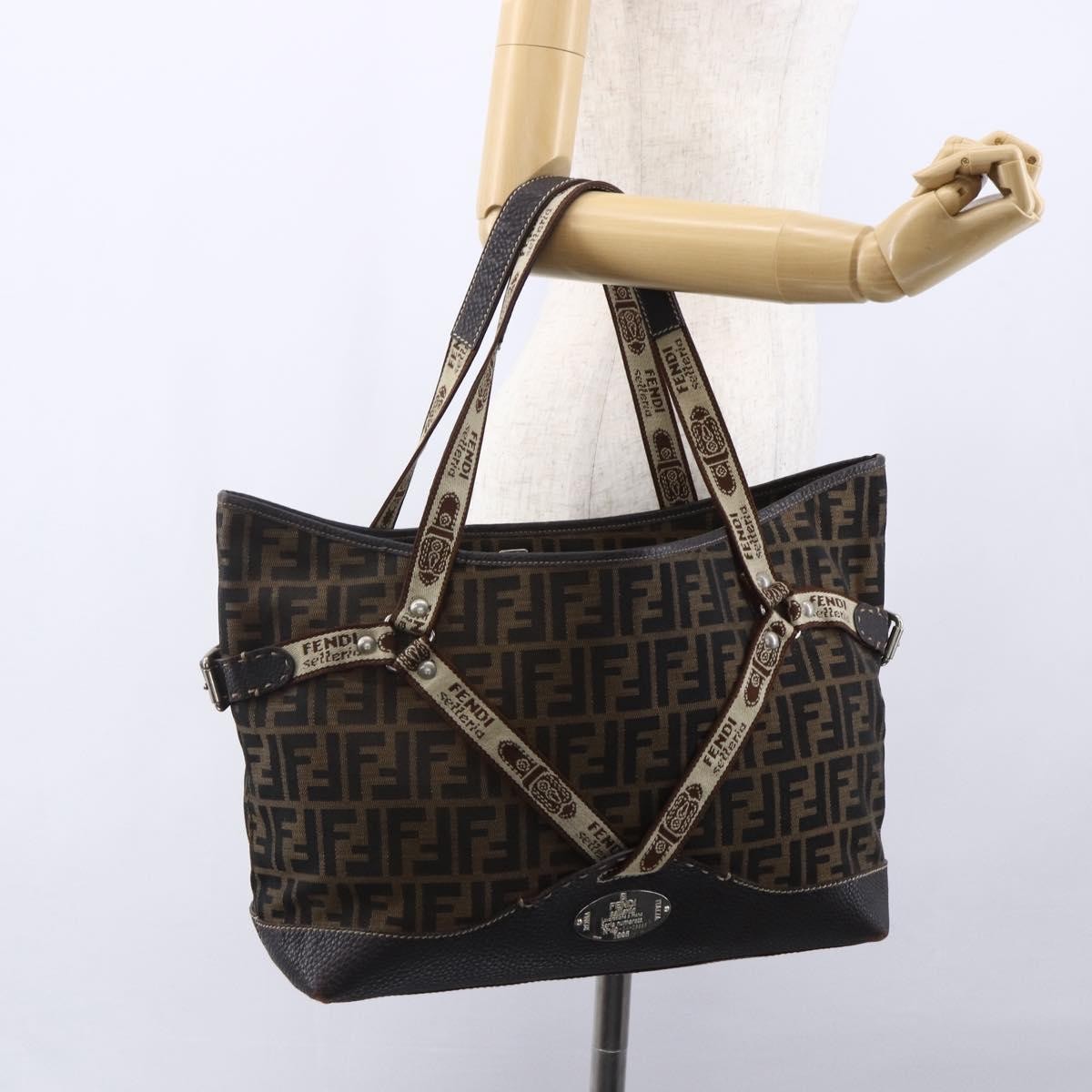 Fendi FENDI Zucca Canvas Celeria Tote Bag Black Brown Silver Authentic am9502