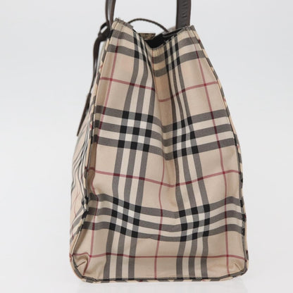Burberry BURBERRY Nova Check Blue Label Hand Bag Nylon Beige Silver Authentic bs34396