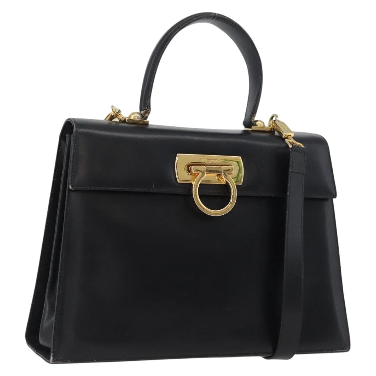 Salvatore Ferragamo Salvatore Ferragamo Gancini Hand Bag Leather 2way Black Gold Authentic ARZ228