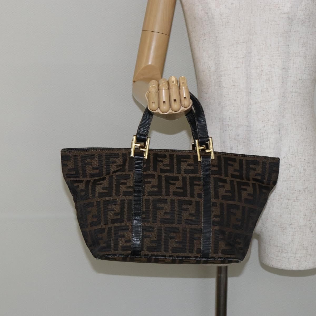 Fendi FENDI Zucca Canvas Hand Bag Brown Black gold Authentic 146809